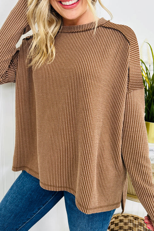 Corded Rib Exposed Seam Drop Shoulder Curved Hem Long Sleeve Top